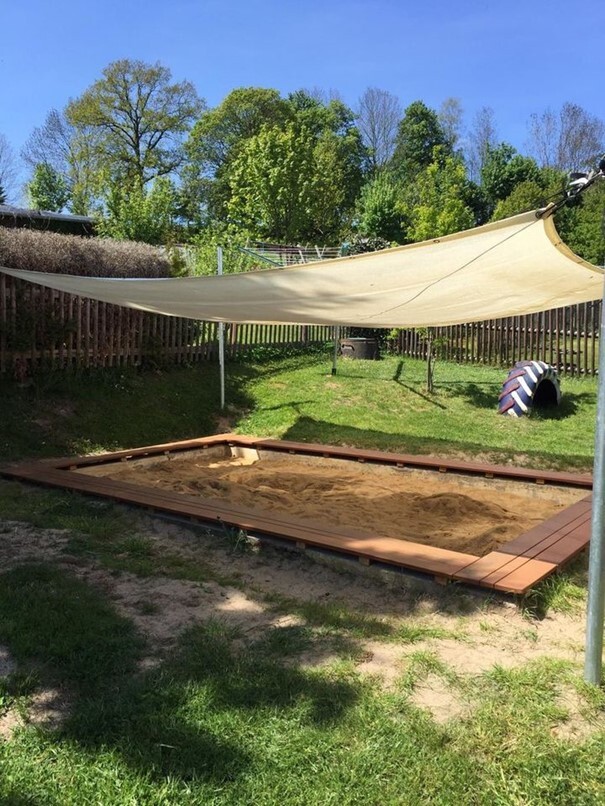 Sandkasten mit Holzumrandung und Sonnensegel auf einer grünen Wiese