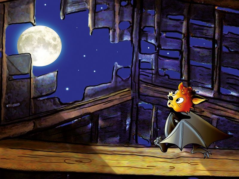 Farbenfrohe Comic-Illustration einer kleinen Fledermaus mit Umhang in einer Ruine bei Vollmond.